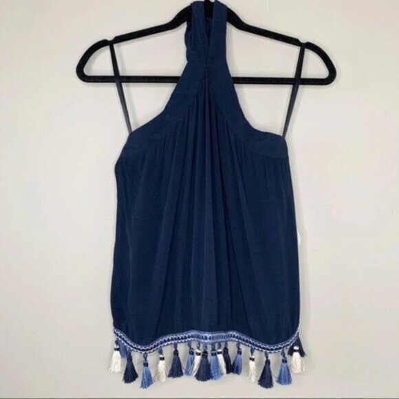 Tularosa Revolve Cory Halter Top Navy Blue Tassels Open Back Embroidered Size XS - Picture 2 of 16